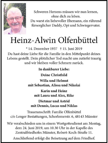 Anzeige von Heinz-Alwin Olfenbüttel von Westfälische Nachrichten