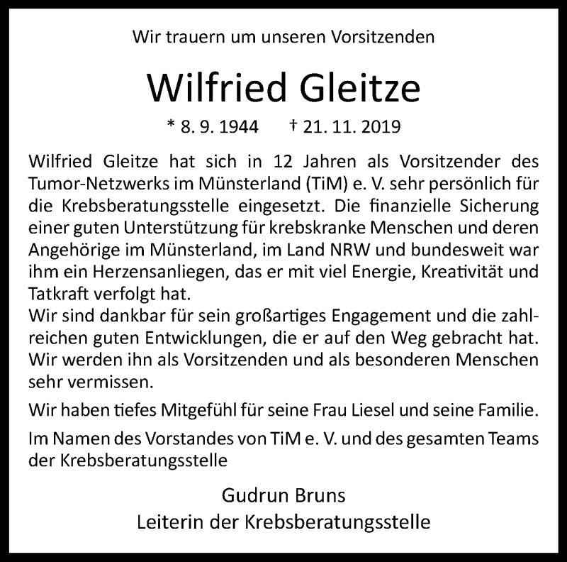  Traueranzeige für Wilfried Gleitze vom 27.11.2019 aus 