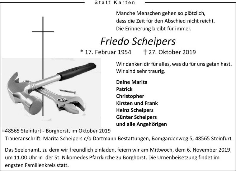  Traueranzeige für Friedo Scheipers vom 02.11.2019 aus Westfälische Nachrichten