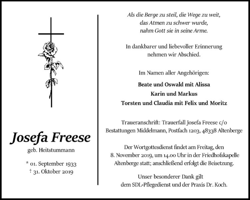  Traueranzeige für Josefa Freese vom 06.11.2019 aus Westfälische Nachrichten