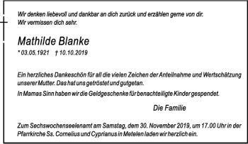 Anzeige von Mathilde Blanke von Westfälische Nachrichten