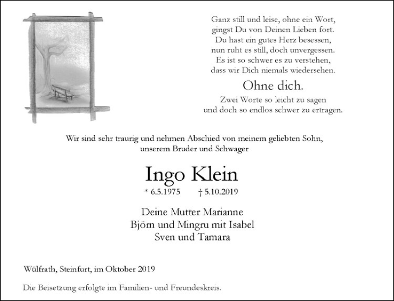  Traueranzeige für Ingo Klein vom 02.11.2019 aus Westfälische Nachrichten
