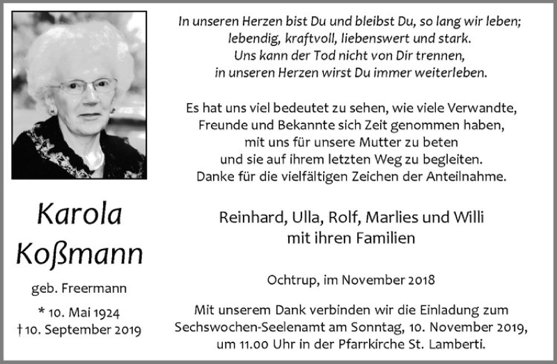  Traueranzeige für Karola Koßmann vom 06.11.2019 aus Westfälische Nachrichten