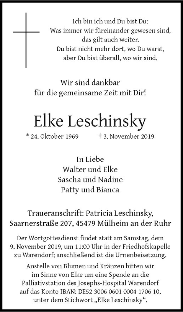  Traueranzeige für Elke Leschinsky vom 06.11.2019 aus Westfälische Nachrichten