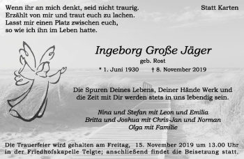 Anzeige von Ingeborg Große Jäger von Westfälische Nachrichten