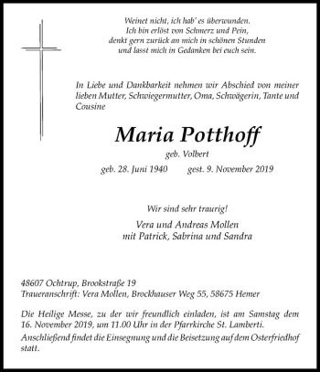 Anzeige von Maria Potthoff von Westfälische Nachrichten