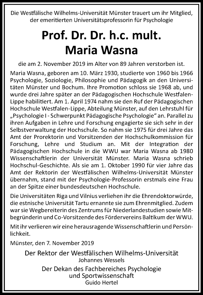  Traueranzeige für Maria Wasna vom 11.11.2019 aus 