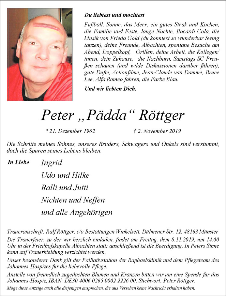  Traueranzeige für Peter Röttger vom 06.11.2019 aus Westfälische Nachrichten