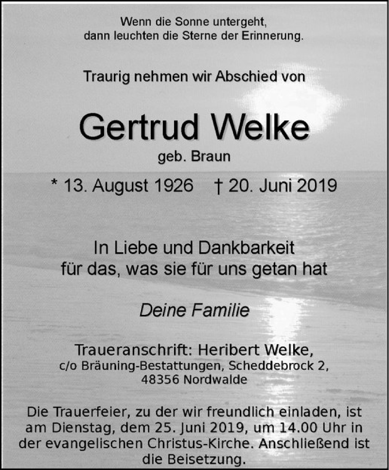 Traueranzeige für Gertrud Welke vom 21.06.2019 aus Westfälische Nachrichten
