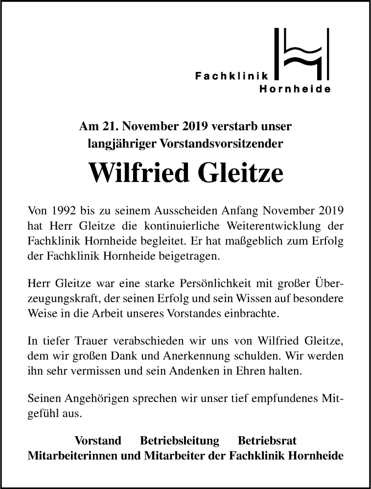  Traueranzeige für Wilfried Gleitze vom 28.11.2019 aus 