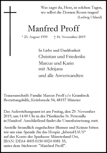 Anzeige von Manfred Proff von Westfälische Nachrichten
