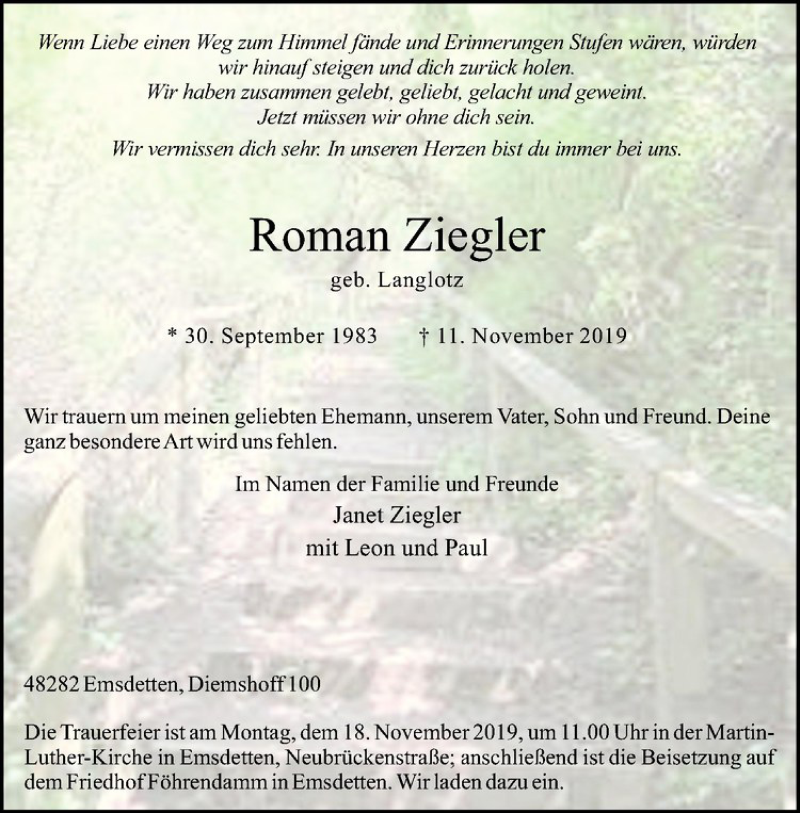  Traueranzeige für Roman Ziegler vom 15.11.2019 aus Westfälische Nachrichten