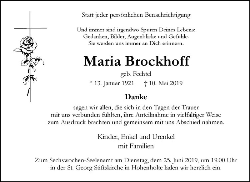  Traueranzeige für Maria Brockhoff vom 21.06.2019 aus Westfälische Nachrichten
