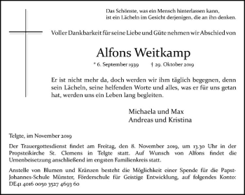 Anzeige von Alfons Weitkamp von Westfälische Nachrichten
