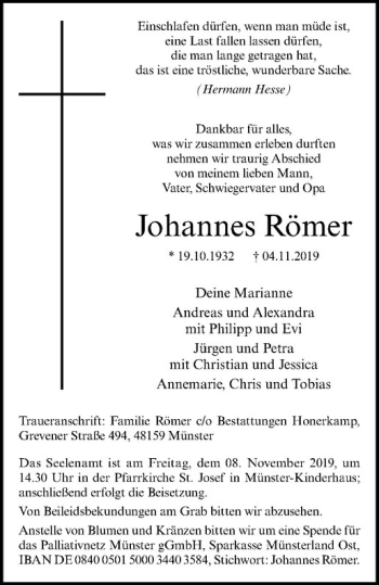 Anzeige von Johannes Römer von Westfälische Nachrichten