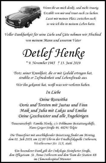 Anzeige von Detlef Henke von Westfälische Nachrichten