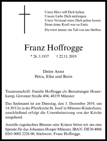 Anzeige von Franz Hoffrogge von Westfälische Nachrichten