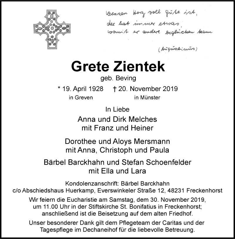  Traueranzeige für Grete Zientek vom 27.11.2019 aus Westfälische Nachrichten