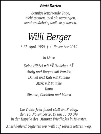 Anzeige von Willi Berger von Westfälische Nachrichten