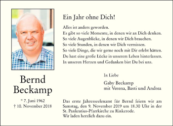 Anzeige von Bernd Beckamp von Westfälische Nachrichten