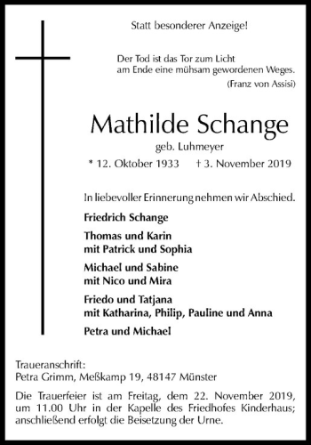 Anzeige von Mathilde Schange von Westfälische Nachrichten