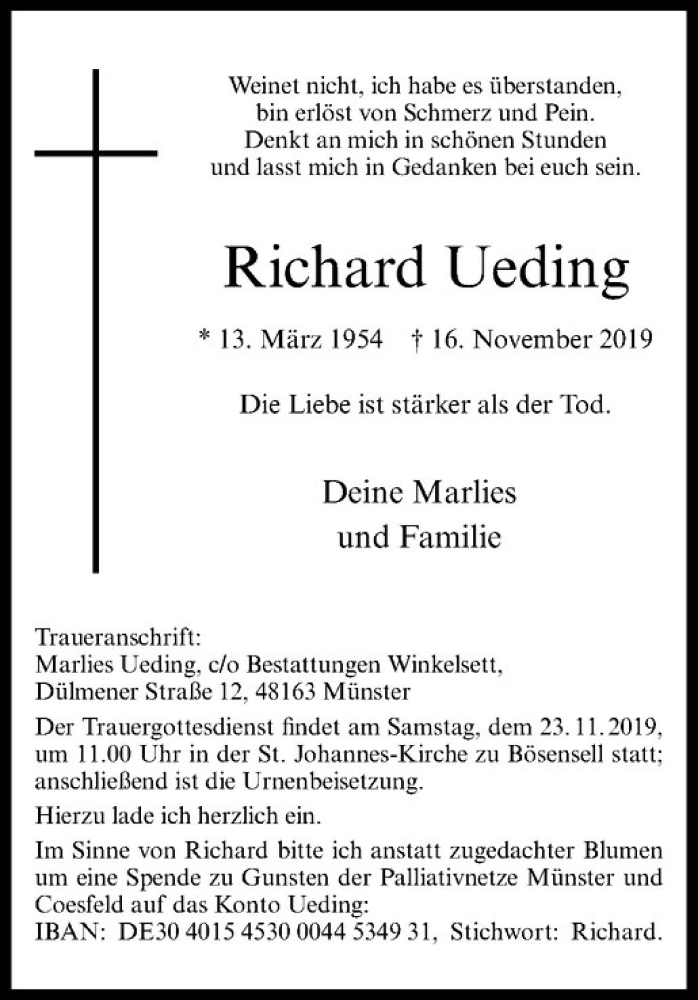  Traueranzeige für Richard Ueding vom 20.11.2019 aus Westfälische Nachrichten