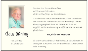 Anzeige von Klaus Büning von Westfälische Nachrichten