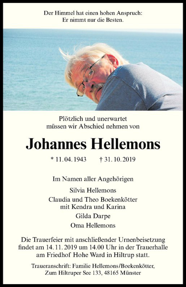  Traueranzeige für Hans (Hansi) Hellemons vom 09.11.2019 aus Westfälische Nachrichten