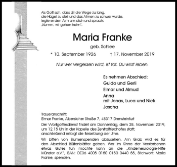 Anzeige von Maria Franke von Westfälische Nachrichten