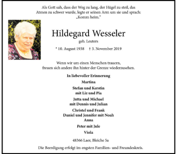 Anzeige von Hildegard Wessler von Westfälische Nachrichten