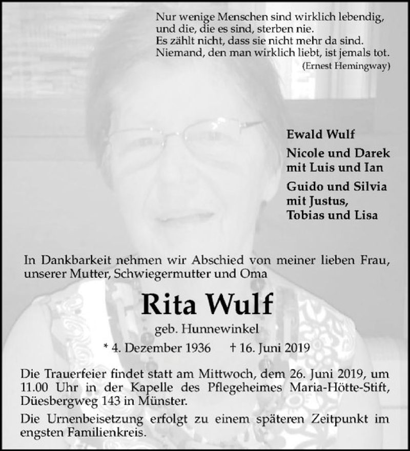  Traueranzeige für Rita Wulf vom 21.06.2019 aus Westfälische Nachrichten
