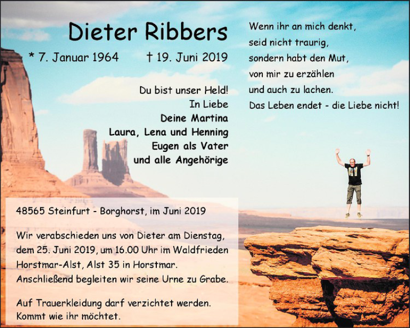  Traueranzeige für Dieter Ribbers vom 21.06.2019 aus Westfälische Nachrichten