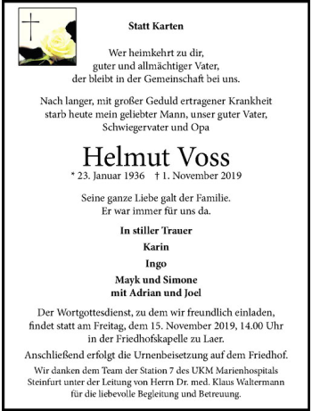 Anzeige von Helmut Voss von Westfälische Nachrichten
