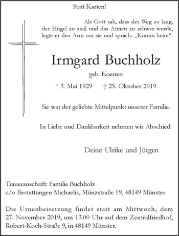 Anzeige von Irmgard Buchholz von Westfälische Nachrichten