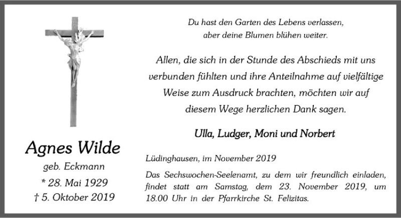  Traueranzeige für Agnes Wilde vom 16.11.2019 aus Westfälische Nachrichten