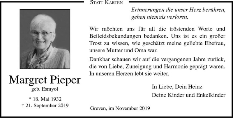  Traueranzeige für Margret Pieper vom 02.11.2019 aus Westfälische Nachrichten