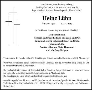 Anzeige von Heinz Lühn von Westfälische Nachrichten