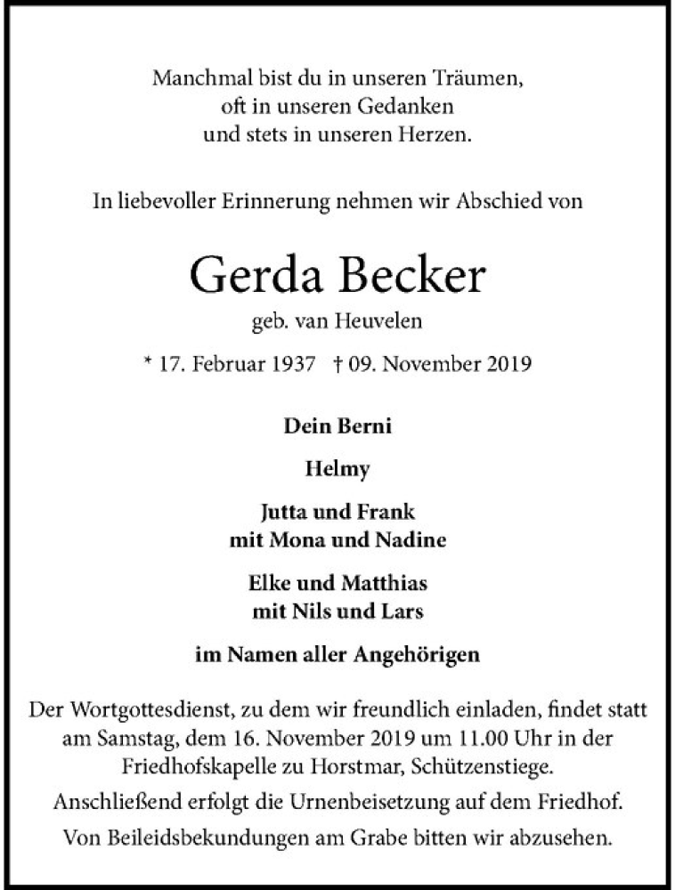  Traueranzeige für Gerda Becker vom 13.11.2019 aus Westfälische Nachrichten