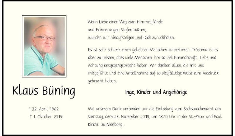  Traueranzeige für Klaus Büning vom 21.11.2019 aus Westfälische Nachrichten