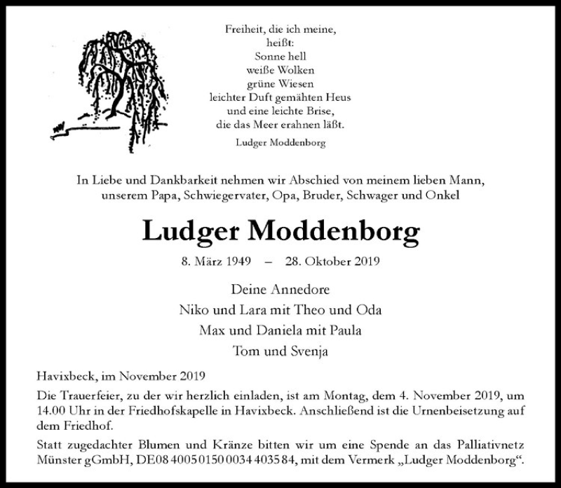  Traueranzeige für Ludger Moddenborg vom 02.11.2019 aus Westfälische Nachrichten