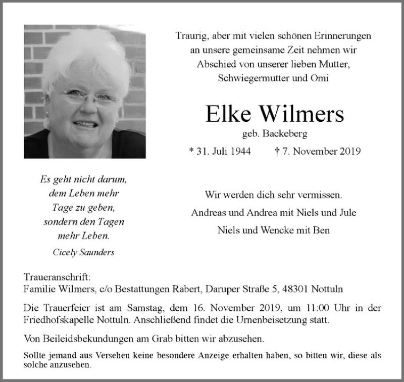  Traueranzeige für Elke Wilmers vom 12.11.2019 aus Westfälische Nachrichten