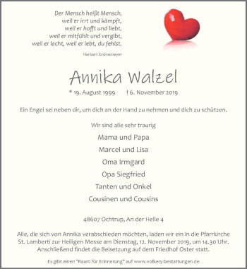 Anzeige von Annika Walzel von Westfälische Nachrichten