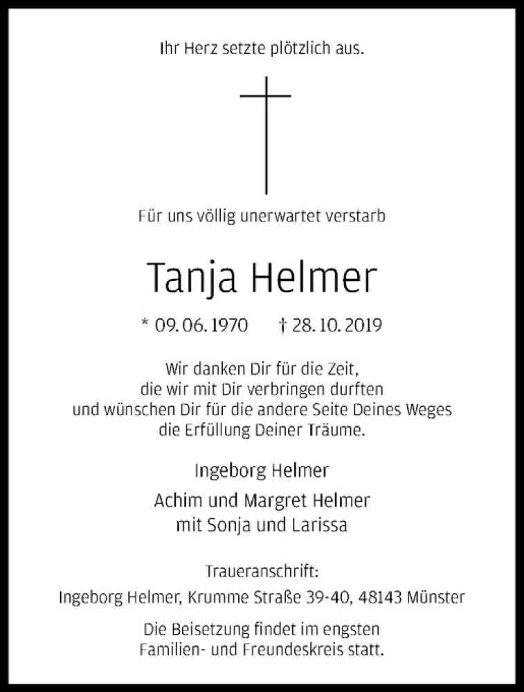  Traueranzeige für Tanja Helmer vom 08.11.2019 aus Westfälische Nachrichten