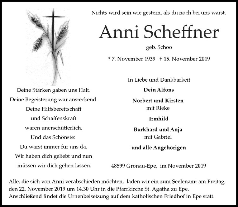  Traueranzeige für Anni Scheffner vom 18.11.2019 aus Westfälische Nachrichten