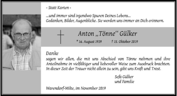 Anzeige von Anton Gülker von Westfälische Nachrichten