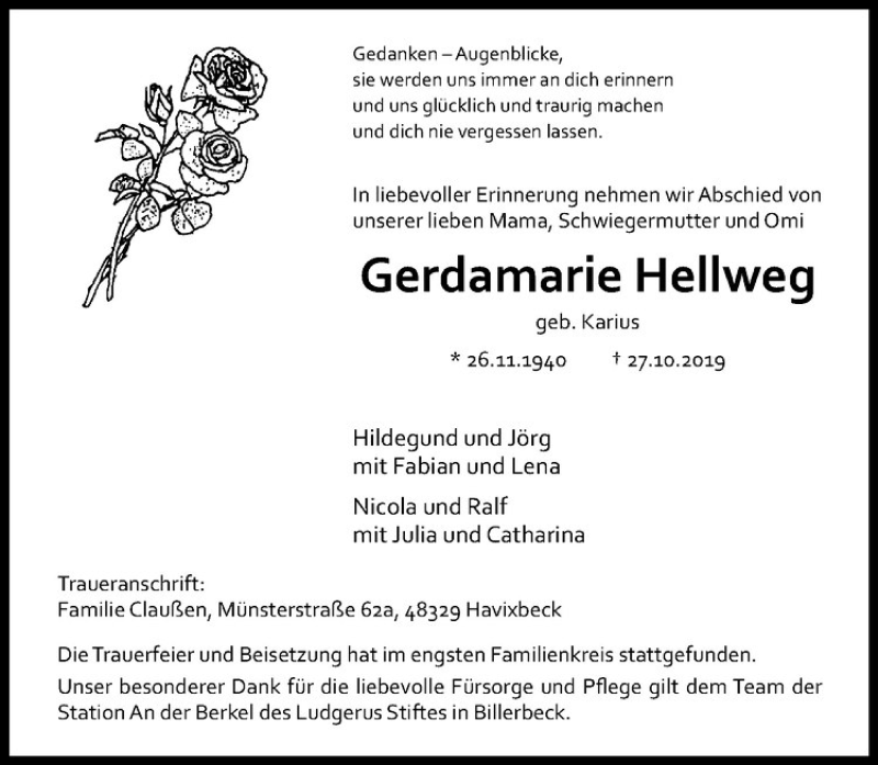  Traueranzeige für Gerdamarie Hellweg vom 06.11.2019 aus Westfälische Nachrichten