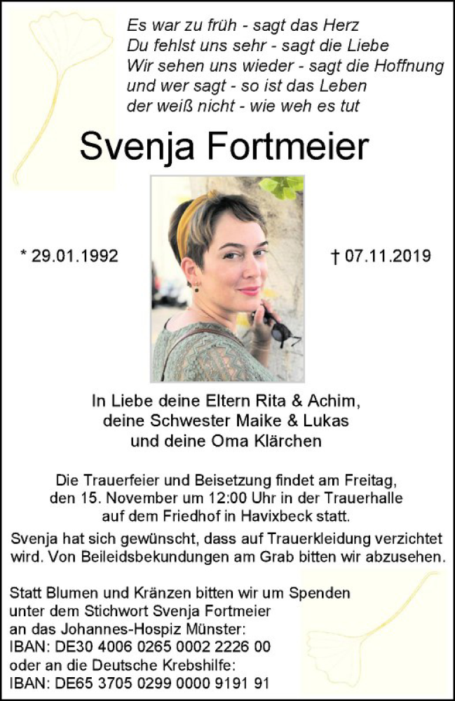  Traueranzeige für Svenja Fortmeier vom 13.11.2019 aus Westfälische Nachrichten