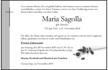 Anzeige von Maria Sagolla von Westfälische Nachrichten
