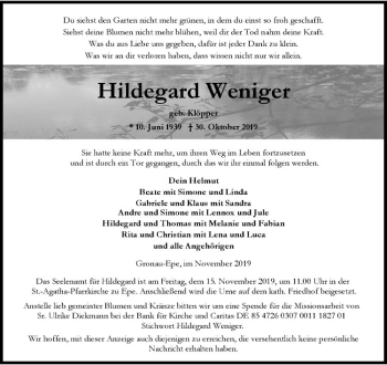 Anzeige von Hildegard Weniger von Westfälische Nachrichten