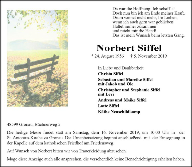  Traueranzeige für Norbert Siffel vom 09.11.2019 aus Westfälische Nachrichten